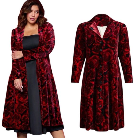 Betsey Johnson Jackets & Blazers - Torrid Betsey Johnson Floral Puff Sleeve Button Front Coat Red Velvet Roses 3/3X